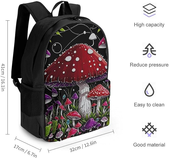 Men Women Lightweight Magic Mushrooms Trip Backpack Large Capacity Bookbag With Smooth Zippers for Gym Business Running