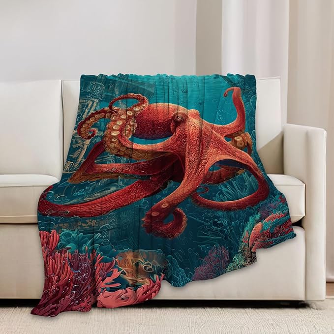 Ocean Octopus Blanket Coral Marine Life Animal Throw Blankets Gifts for Girls Boys Kids Octopus Lover Soft Cozy Fleece Plush for Couch Sofa Bed 50"x40"