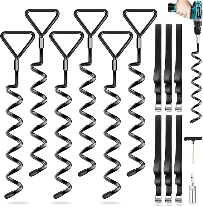 Earth Anchors Trampoline Heavy Duty Stakes Kit - Spiral Screw In Ground Anchors with Straps for Swing Set