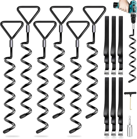 Earth Anchors Trampoline Heavy Duty Stakes Kit - Spiral Screw In Ground Anchors with Straps for Swing Set