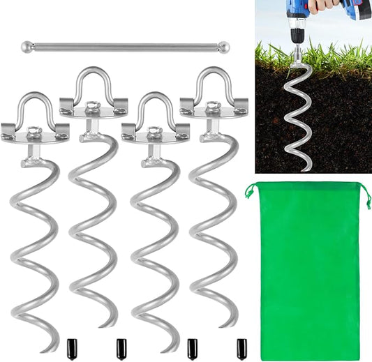MIXXIDEA 11.4 Inch Gound Anchors Screw in, Metal Spiral Earth Anchors Kit, Heavy Duty Folding Ring Spiral Stake, Silver Ground Stakes for Tent, Trampolines, Garden Fence, Sheds, Swings (Pack of 4)