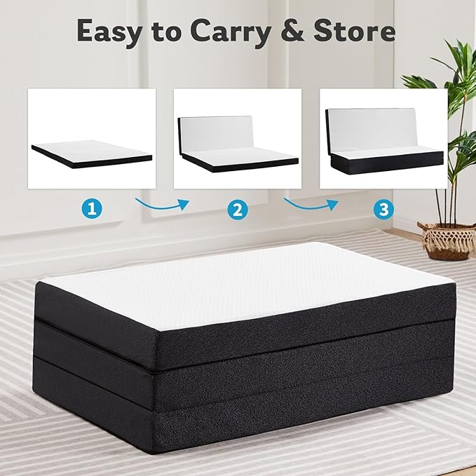 Folding Mattress, 4 inch Memory Foam Tri-Fold Mattress Topper with Washable Cover for Camping, oldable Bed, Guest beds, Portable Travel Mat, 75"×25"×4", White