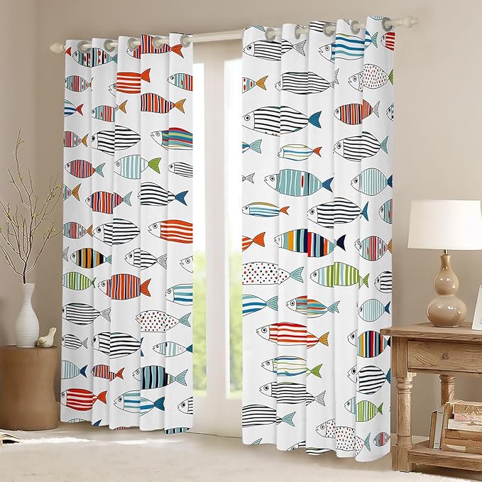 Manfei Cute Fish Blackout Curtains Fishing Theme Window Drapes,Cartoon Fish Wildlife Animals Window Treatments,Kids Boys Girls Room Decor,Grommet Top 2 Panel Set Bedroom Curtains, 52Wx90L inch