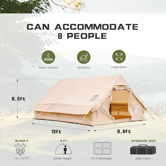 EROMMY 4/6/8/12 Person Inflatable Tent with Skylight, 4 Season Blow Up Tents with Hand Pump for Outdoor Camping & Hiking, Easy Set-up Windproof Sunproof Waterproof