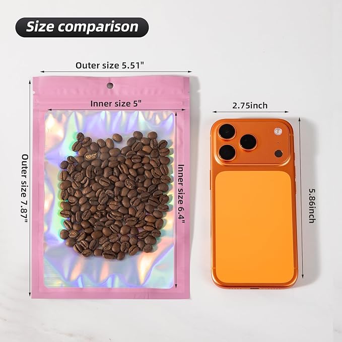 50Pcs Pink Holographic Mylar Bags, 5.5x7.8 inch Resealable Foil Zipper Pouches for Gummies, Party Favors, Small Business Packaging
