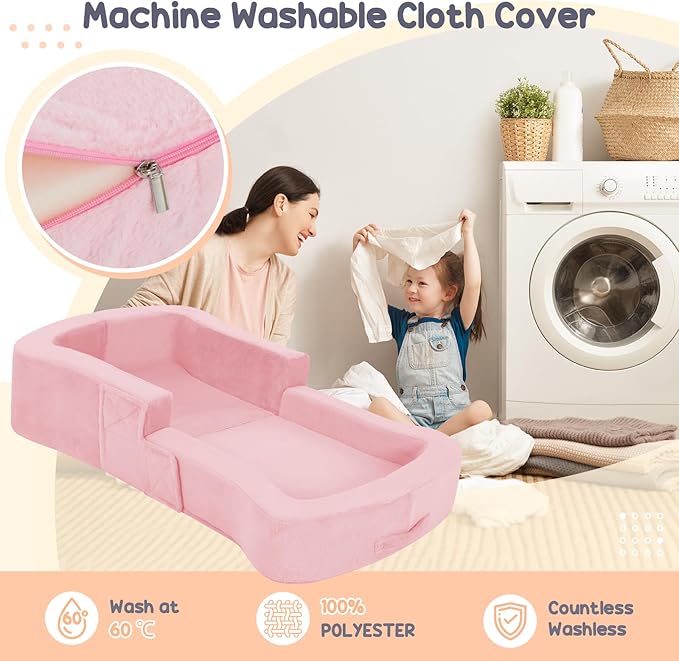 Toddler Travel Bed, 2-in-1 Foldable Portable Toddler Bed Sofa Chair, Soft Baby Kids Travel Floor Cot with Washable Covers Safety Foam Raised Bumper for Camping Hotel Sleeping (Pink)