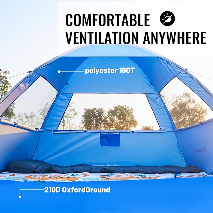 EchoSmile Pop Up Beach Tent for 4 Person Family, UPF 50+ Sun Shelter & Waterproof Beach Shade for Kids, Automatic Easy Setup Portable Cabana for Outdoor Travel （Dark Blue）