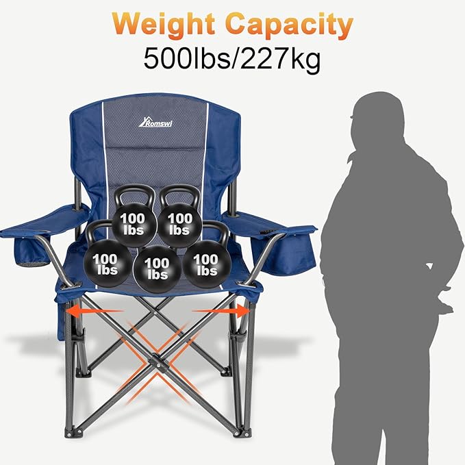 Romswi Oversized Camping Chairs,Heavy Duty Support 500 LBS,Padded Back & Arm Sport Chairs, Cup Holder Cooler Bag, Collapsible Folding Chairs for Outdoor, Fishing & Garden, Blue,2-Pack