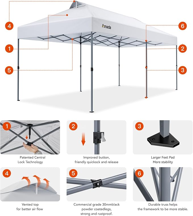 Amada 20x10 Pop Up Canopy - Center Lock One Push Instant Setup Gazebo Outdoor Canopy Beach Tent with STO-N-Go Bag 8 Stakes & 4 Sand Bags, 3-Height Adjustable Shade Shelter (20x10ft, White)