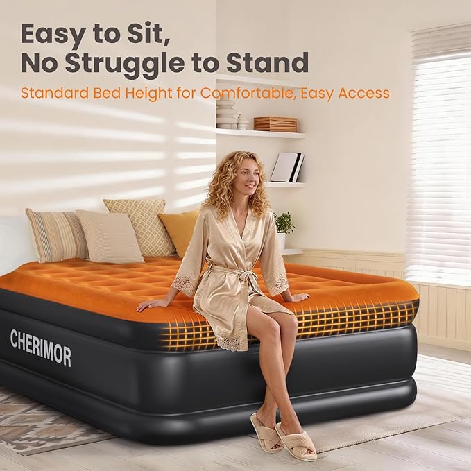 Queen Air Mattress with Built-in Pump, 800 lbs Max Support, Stable Edges Design, 48-Hour Leak-Tested Durable PVC, 3-Min Fast Inflation, Portable Inflatable Bed for Home Guests & Travel