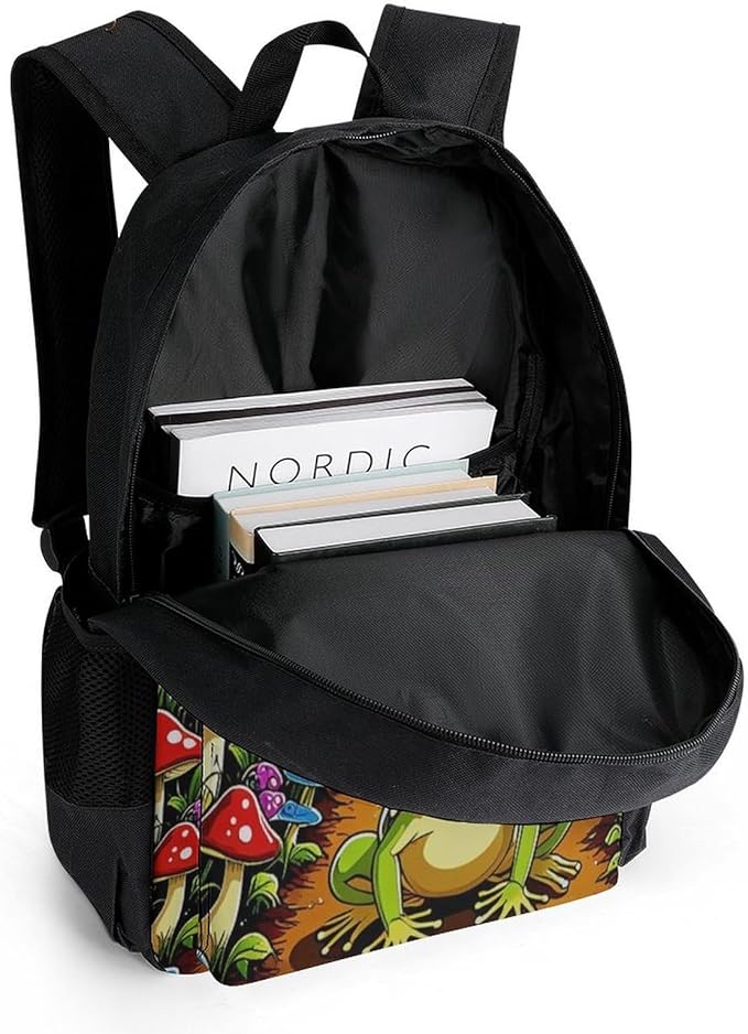 Supdreamc Men Women Lightweight Psychedelic Magic Mushrooms Frog Trippy Art Backpack Large Capacity Bookbag With Smooth Zippers for Gym Business Running