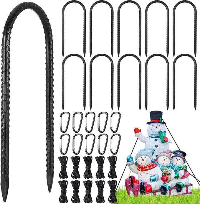 LEIFIDE 30 Pcs Christmas Inflatable Stakes Set, 6 Inch Garden Rebar Stakes Heavy Duty, 10 Ropes and 10 Hooks, Ground Anchors Black Chain Link Fence Stake for Camping Tents Outdoor Garden(U Hook)