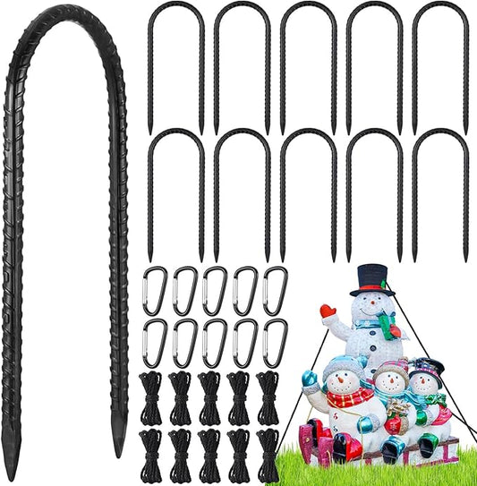 LEIFIDE 30 Pcs Christmas Inflatable Stakes Set, 6 Inch Garden Rebar Stakes Heavy Duty, 10 Ropes and 10 Hooks, Ground Anchors Black Chain Link Fence Stake for Camping Tents Outdoor Garden(U Hook)