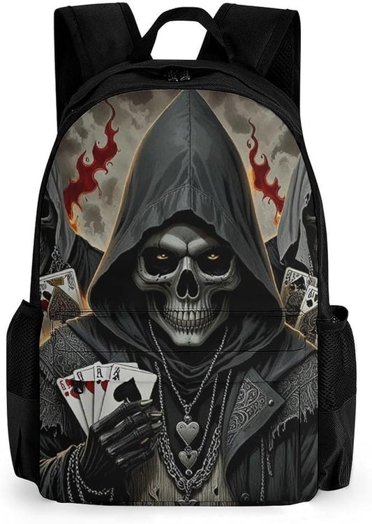 Backpack Polyester Anti-Theft Multipurpose Skull Fire Poker Cards Bookbag Large Capacity Laptop Book Bag Rucksack With Side Pockets