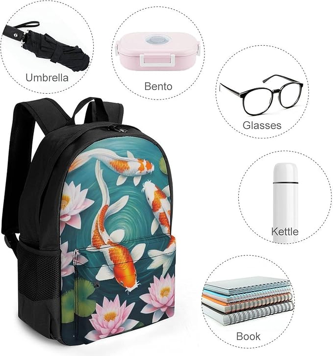 Men Women Lightweight Awesome Japanese Koifish Fish Art Casual Daypack Large Capacity Bookbag With Adjustable Shoulder Straps for Gym Business Bicycle