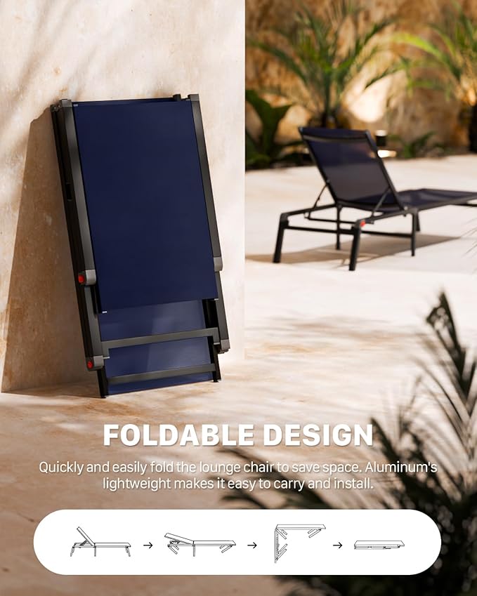 Aluminum Patio Chaise Lounge Chair Set of 2 with Side Table,5-Position Adjustable Backrest,Foldable Lounge Chair Outdoor,Pool Lounge Chairs for Poolside,Lawn,Deck,Beach (Navy Blue, 2 Pack+Table)