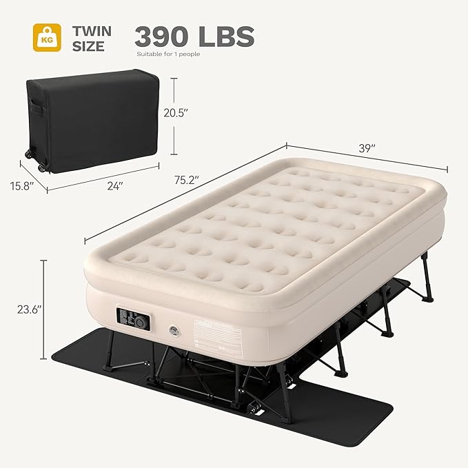 DWVO Inflatable Twin Air Bed with Folding Frame & Rolling Bag, Built-in Pump Blow Up Mattress for Camping, Guest Room & Travel, Portable Air Mattress with Case, 75 x 39 x 24 Inches, Brown