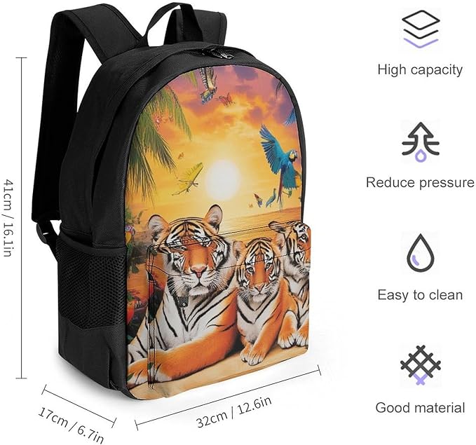 Supdreamc Men Women Polyester Tropical Tiger Animal World King Art Daypack Big Capacity Shoulder Bag With Adjustable Shoulder Straps for Camping Travel Walking Cycling