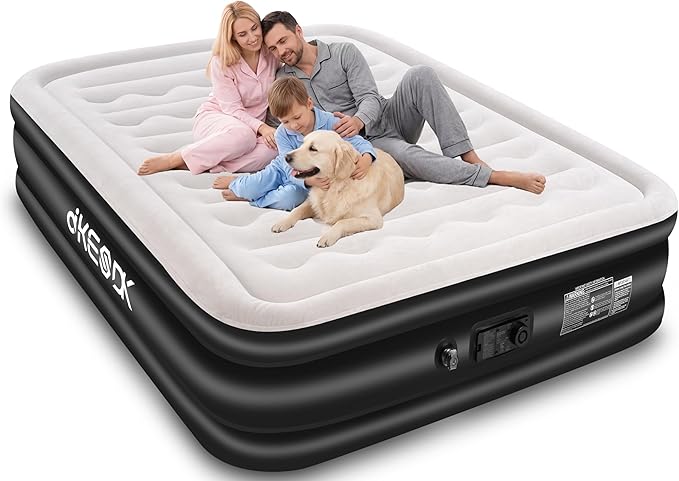 Air Mattress Queen with Built in Pump,Comfortable Waterproof Flocked Surface Inflatable Mattress for Temporary Family Stays and Travel,14-Inch Blow Up Mattress Inflates in 3 Minutes