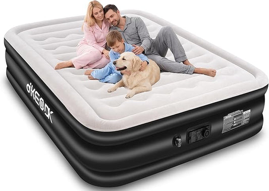Air Mattress Queen with Built in Pump,Comfortable Waterproof Flocked Surface Inflatable Mattress for Temporary Family Stays and Travel,14-Inch Blow Up Mattress Inflates in 3 Minutes