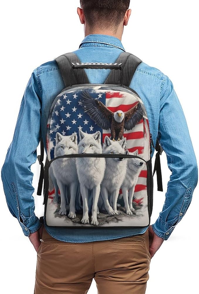 Rucksacks Polyester Anti-Theft Multipurpose American Flag Eagles Wolf Art Carry On Bag Large Capacity Gym Outdoor Hiking Backpack With Smooth Zippers