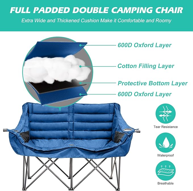 DoCred Double Camping Chair - Oversized Loveseat, 2 Person Camping Chair for Adults Heavy Duty,Two Person Folding Chair with Cup Holder, Supports up to 500 LBS for Outside Picnic Beach Travel