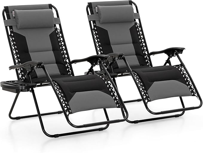 MAISON ARTS Oversized Padded Zero Gravity Chairs Set of 2, Folding Patio Lounge Chair, 28" Wide Seat Anti Gravity Recliners for Lawn Outdoor Camping Poolside Yard, Support 400lbs, Grey & Black