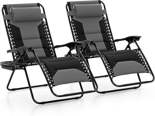 MAISON ARTS Oversized Padded Zero Gravity Chairs Set of 2, Folding Patio Lounge Chair, 28" Wide Seat Anti Gravity Recliners for Lawn Outdoor Camping Poolside Yard, Support 400lbs, Grey & Black