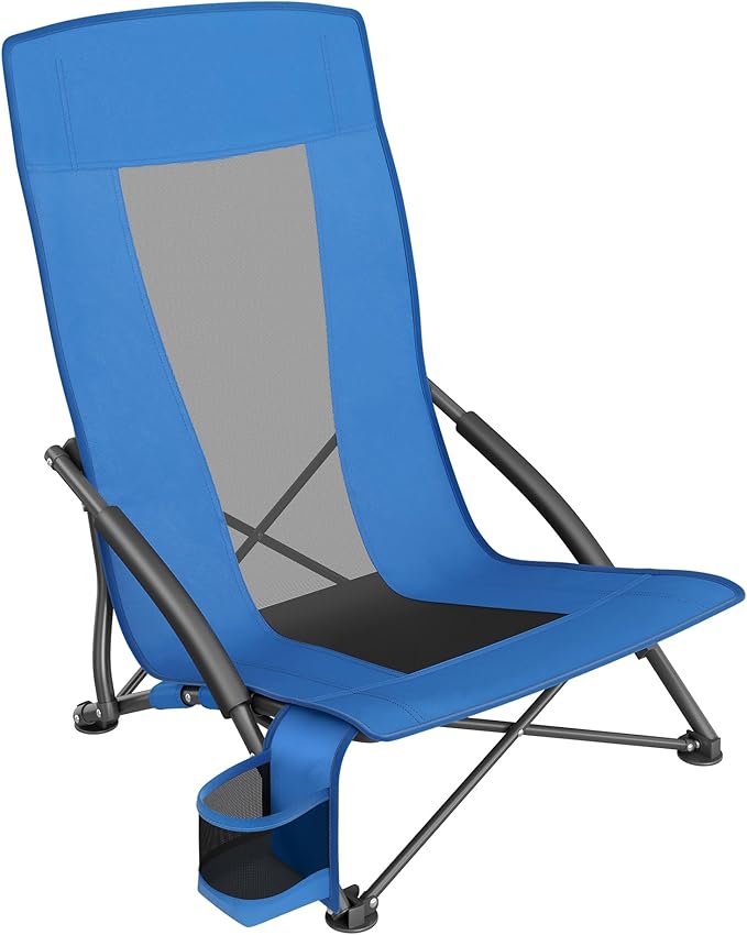 SONGMICS Camping Chair, Portable Outdoor Beach Chair, with High Backrest, Cup Holder, Lightweight, Heavy-Duty, Max. Load 330 lb, Blue UGCB061Q02