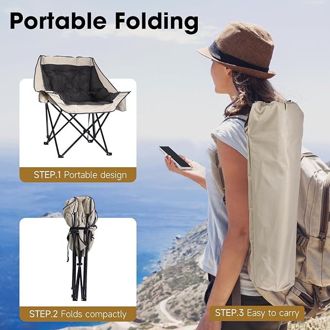 CDEN Camping Chair, Thick Padded Lawn Chair, Oversized Camping Chair, Deluxe, with Cup Holder, Side Pocket, Cooler Bag, for Camping, Hiking, Picnic, Travel, Festival (2 Pack)