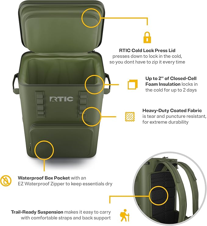 RTIC 48 Can Ultra-Tough Backpack Cooler, Insulated, Waterproof, Leak Proof, Portable Floating Bag for Beverage, Drink, Lunch, Outdoor, Beach, Car, Camping, Picnic, Fishing, Boat