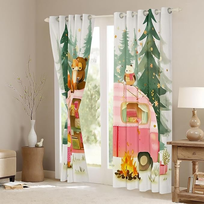 Feelyou Camping Camper Rv Blackout Curtains Bear Fox Animal Darkening Drapes for Bedroom Living Room Decor Car Thermal Insulated Shades Window Treatments, 2 Panels 52 x 90 Inch