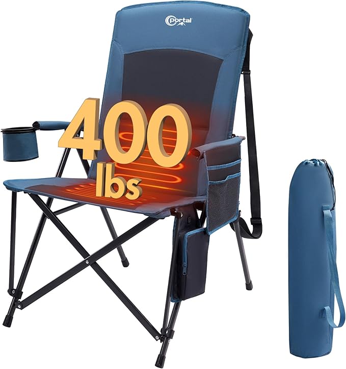 Portal Heated Camping Chairs for Adults Outdoor Sports Oversized Folding Lawn Chair with High Back, Heavy Duty 400 Lbs, Battery Not Included, Blue