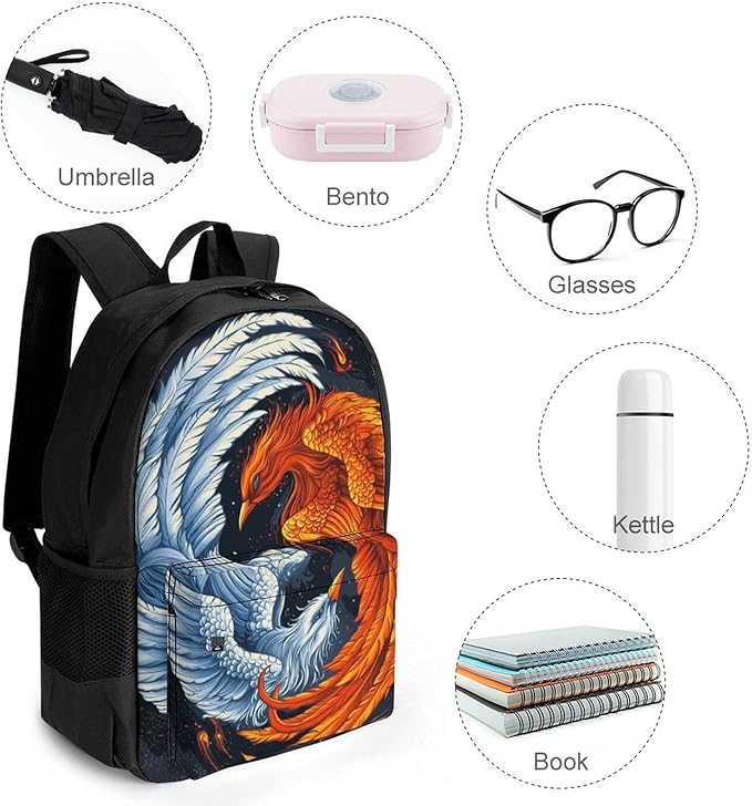 Supdreamc Backpack Lightweight Anti-Theft Multipurpose Ice Water Fire Flame Phoenix Bird Art Shoulder Bag Large Capacity Travel Hiking Backpack With Padded Straps