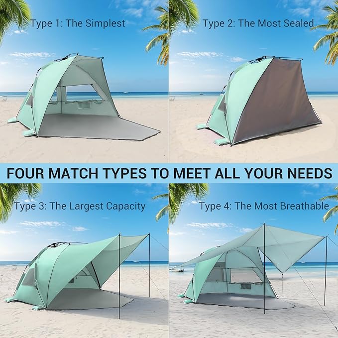 Elegear CumbreX™ Beach Tent with 360° Removable Canopy, 4-6 Person Pop Up Sun Shade Shelter, UPF 50+ Automated Installation Double Silver Coating Portable Lightweight Beach Cabana for Outdoor - Green