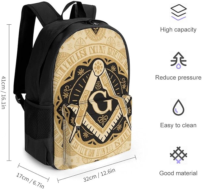 Daypack Backpack Anti-Theft Multipurpose Big Capacity Bookbag, Gold Freemason Freemasonry Masonic Art Business Computer Bag With Side Pockets