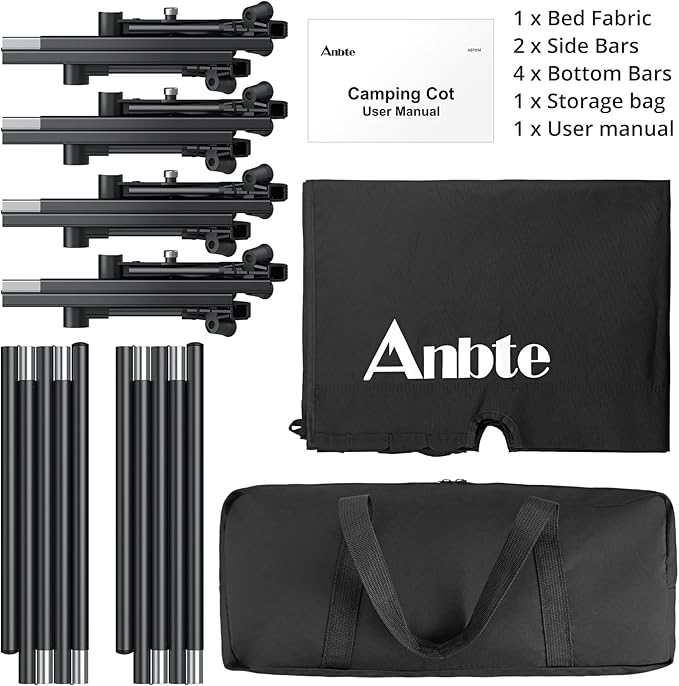 Anbte Ultralight Folding Camping Cot, Comfortable Portable Camping Cot Supports 275 lbs with Storage Bag & Side Pocket, Lightweight Folding Bed for Outdoor Travel Tent Indoor Emergency Bed, Black