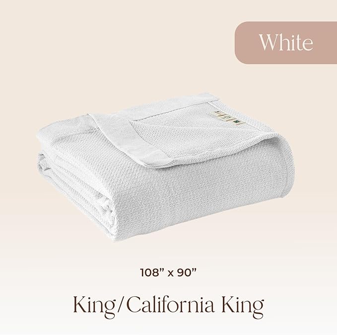 100% Organic Cotton Blanket - GOTS & Fairtrade Certified Organic Cotton Throw Blanket for Bed with Soft Warm & Breathable Single Knit Weave - Great as Bedspread or Coverlet (White, King/Cal King)