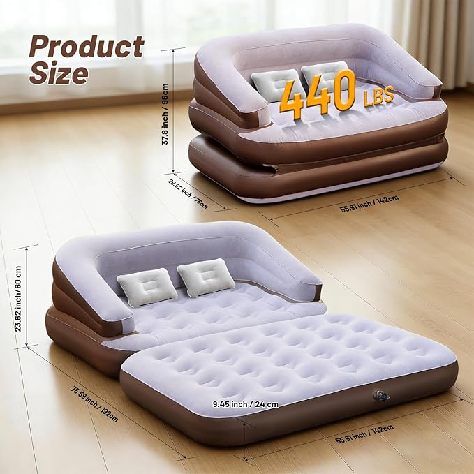 Full Size Inflatable Sofa Bed with Air Pump,2-in-1 Portable Blow-Up Air Couch,Inflatable Couch Bed and Folding Air Mattress for Home,Camping,and Guests