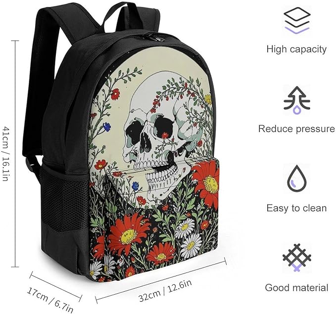 Supdreamc Daypack Backpack Polyester Anti-Theft Multipurpose Psychedelic Skull Skeleton Floral Art Bookbag Big Capacity Travel Hiking Camping Rucksack With Smooth Zippers
