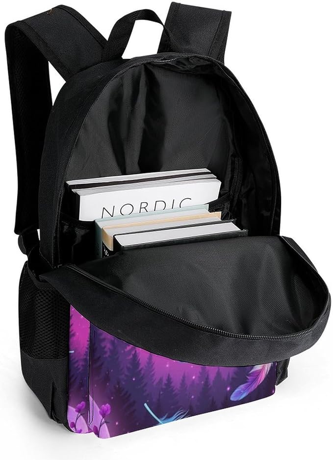 Men Women Polyester Full Moon Flower Wolf Purple Daypack Big Capacity Shoulder Bag With Smooth Zippers for Hiking Work Walking Cycling
