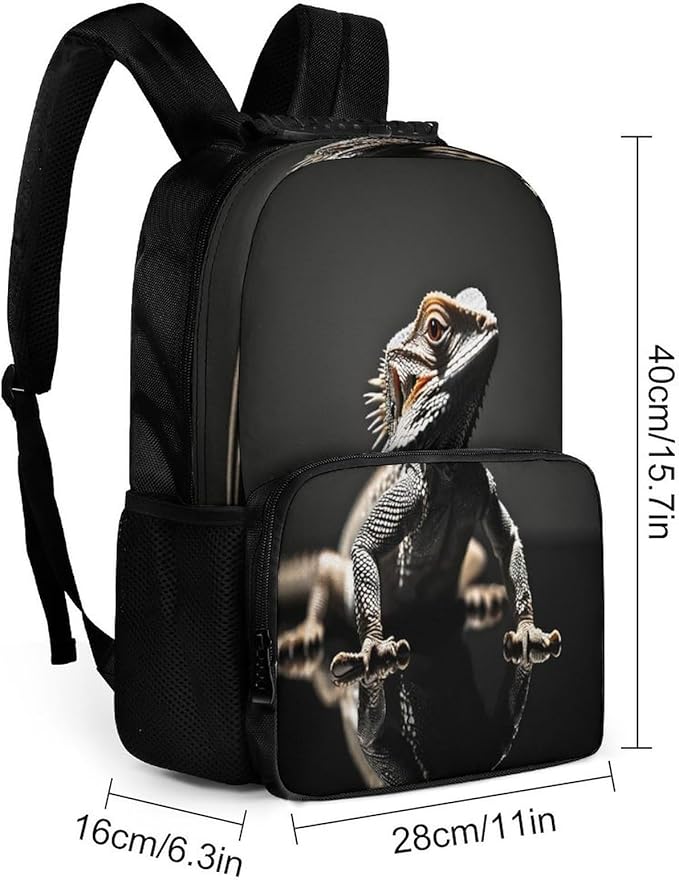 Men Women Lightweight Cool Bearded Dragon Lizards Animal Black Daypack Bookbag Big Capacity Carry On Bag With Side Pockets for Camping Travel Bicycle
