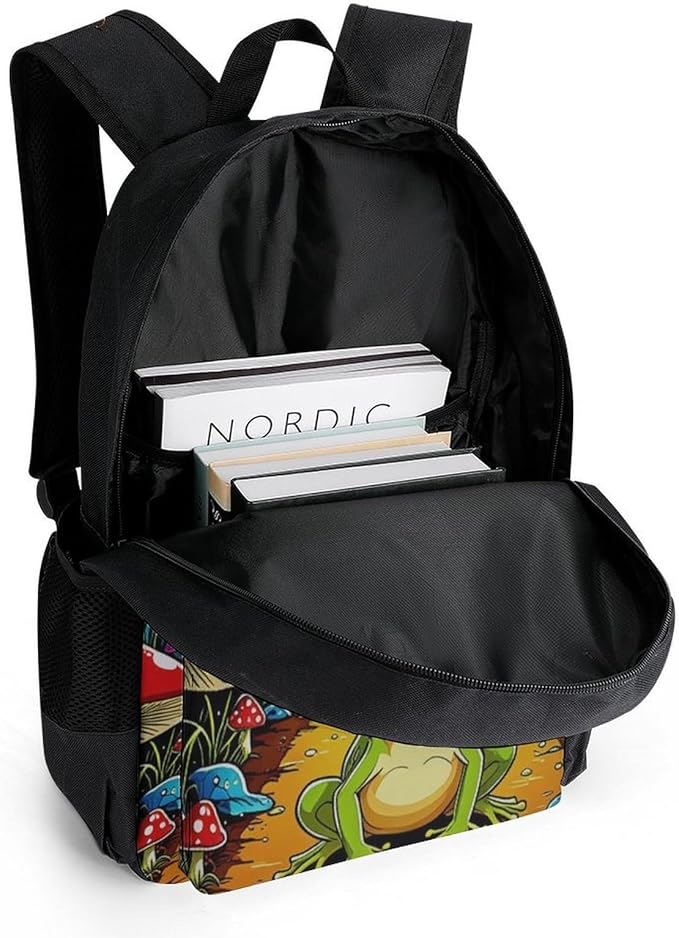 Supdreamc Rucksack Multipurpose Anti-Theft Big Capacity Shoulder Bag, Psychedelic Magic Mushrooms Frog Trippy Art Travel Hiking Camping Rucksack With Side Pockets