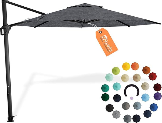Midtown Umbrellas 10 Ft Outdoor Cantilever Patio Umbrella w/Sunbrella Cast Slate Fabric - 360 Rotate Offset Patio Umbrella, Deck & Garden Umbrella - Black Frame