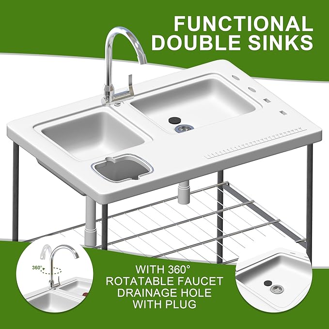 THUNDERBAY Portable Folding Fish Game Cleaning Camp Table Heavy Duty 40''Fillet Table with Double Sink and Faucet