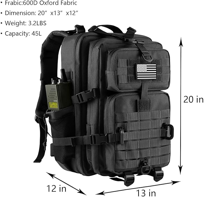45L MOLLE Assault Backpack, Tactical Backpack Military Army Camping Rucksack with Bottle Holder, 3-Day Pack Trip w/USA Flag Patch, D-Rings, Black with Grey Patch