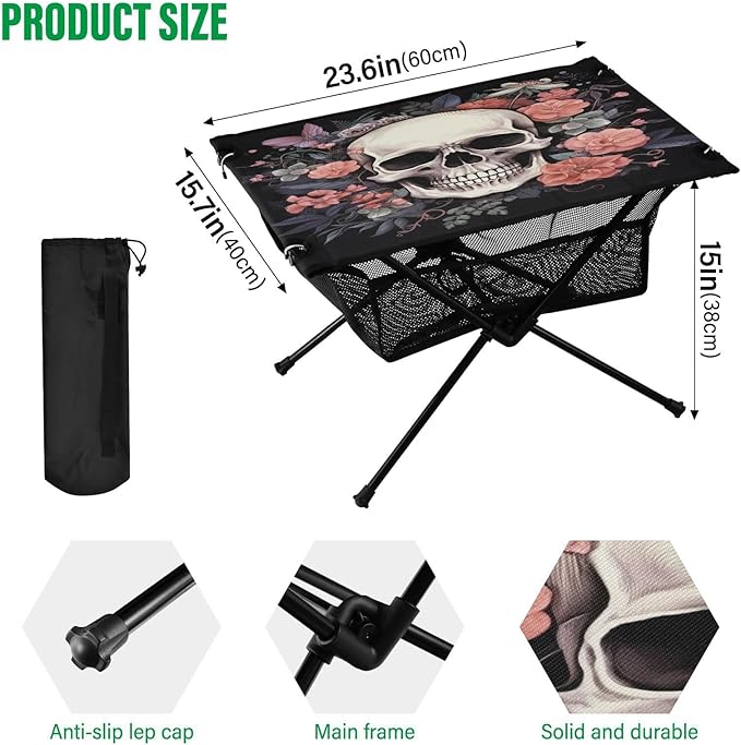 Skull Portable Folding Camping Table, Compact Lightweight Beach Table with Carrying Bag for Outdoor Picnics, BBQs, Camp