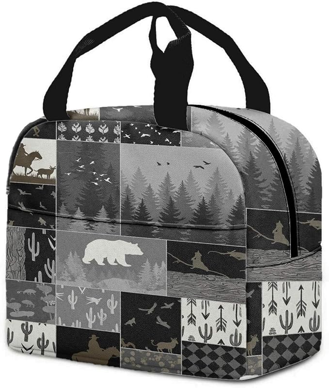 Western Retro Denim Insulated Lunch Bag Bear Deer Bird Nature Landscape Cactus Thermal Tote Portable Size (01)
