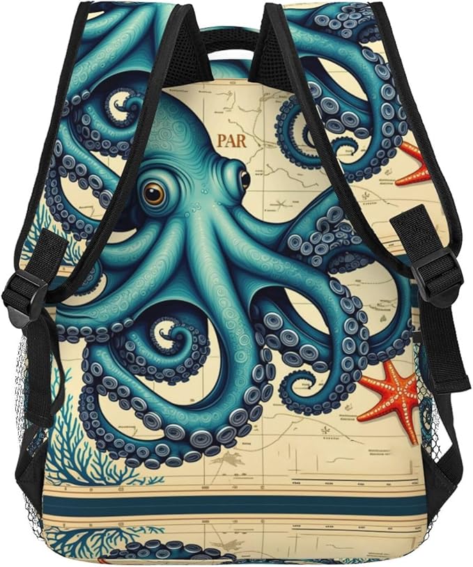 Backpack Polyester Anti-Theft Multipurpose Retro Octopus Art Bookbag Large Capacity Laptop Book Bag Rucksack With Side Pockets