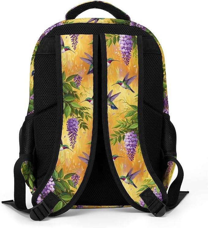 Personalized Business Backpack Purple Flowers And Hummingbird, Large Capacity Laptop Backpack with Organized Compartments for Work